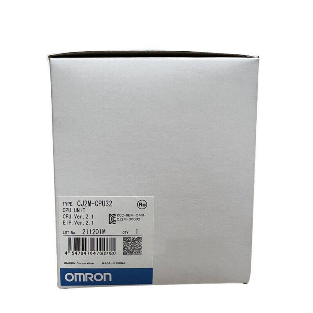 Omron CJ2M-CPU32 PLC CPU Unit, New In Box. Product information label including Lot No. 211201M and OMRON logo.