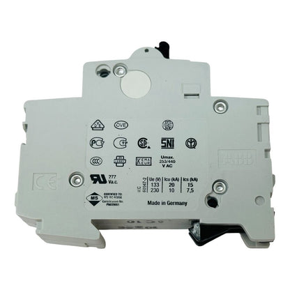 ABB S201-C10 miniature circuit breaker, white and grey industrial component, Made in Germany.