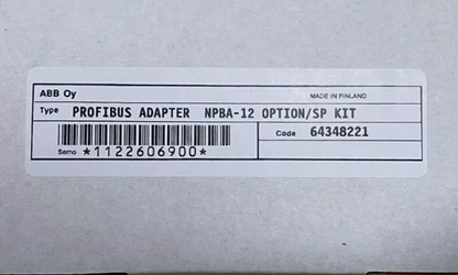 ABB NPBA-12 Profibus Adapter label, Made in Finland, product code 64348221, PLC automation.