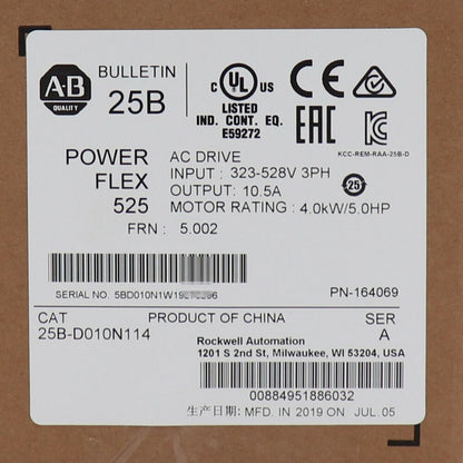 Allen-Bradley PowerFlex 525 AC Drive label, 4kW, 25B-D010N114, Rockwell Automation, product details.