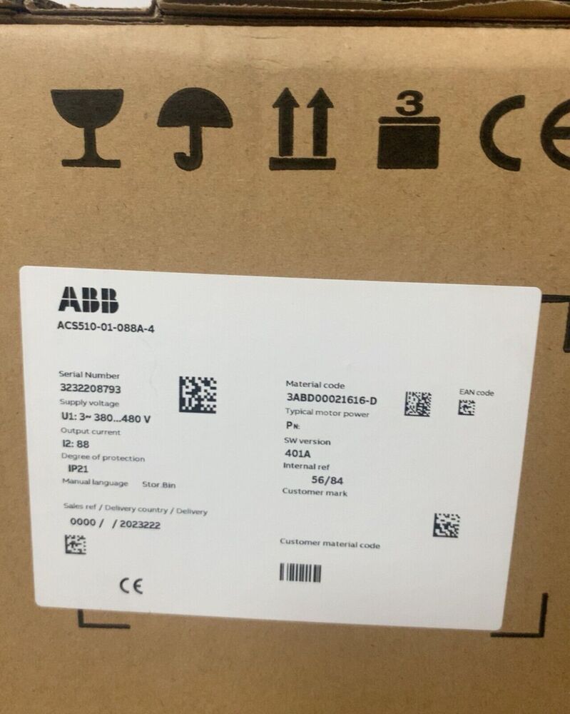 ABB ACS510-01-088A-4 Frequency Converter Packaging, including serial number, voltage, and protection information.