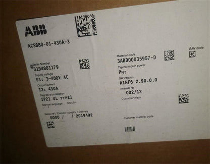 ABB ACS880-01-430A-3 Inverter Label: Serial Number 3194801179, 430A, 3~400V AC, Industrial Automation Part