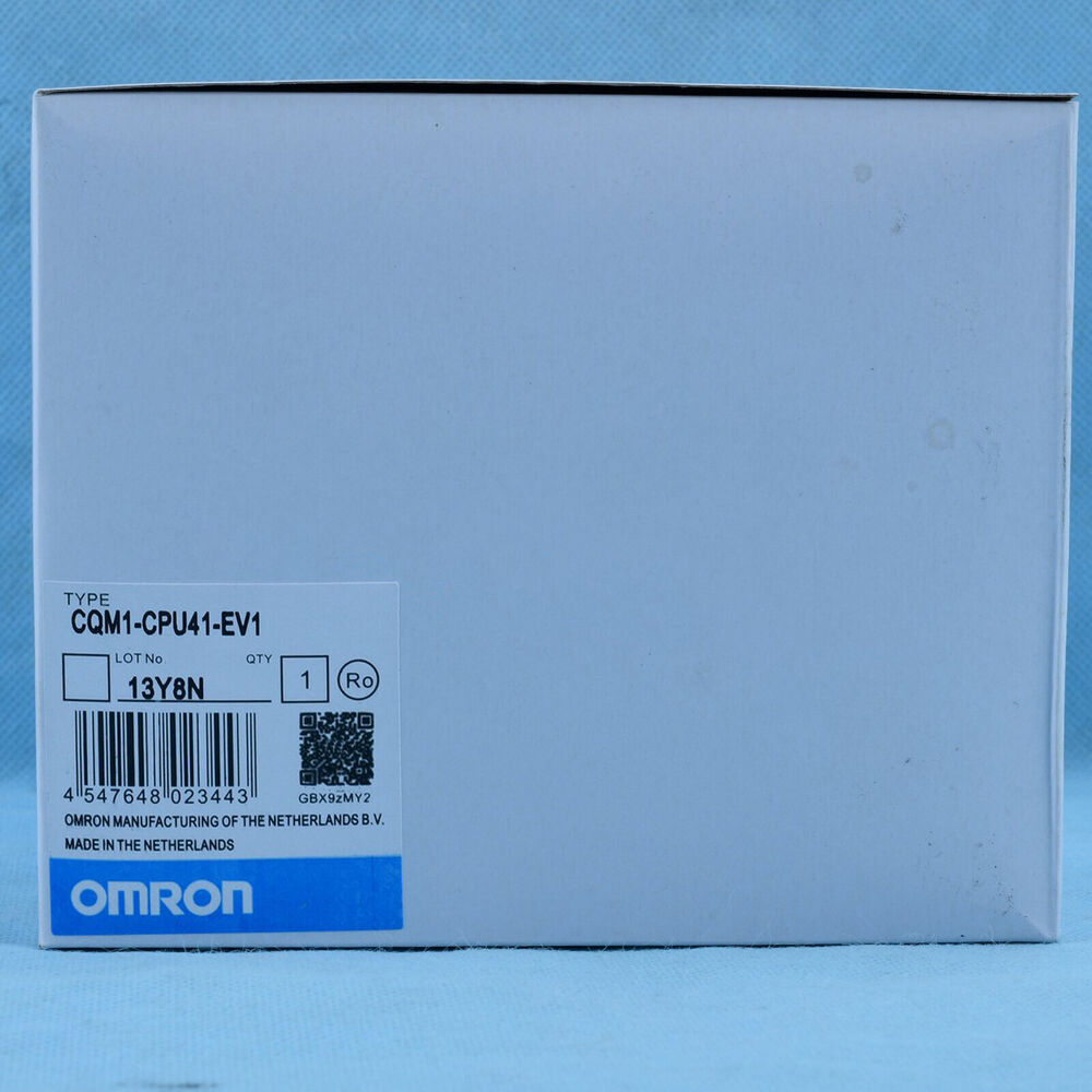 Omron CQM1-CPU41-EV1 PLC Module box, with product label, includes serial number and OMRON logo, new one.