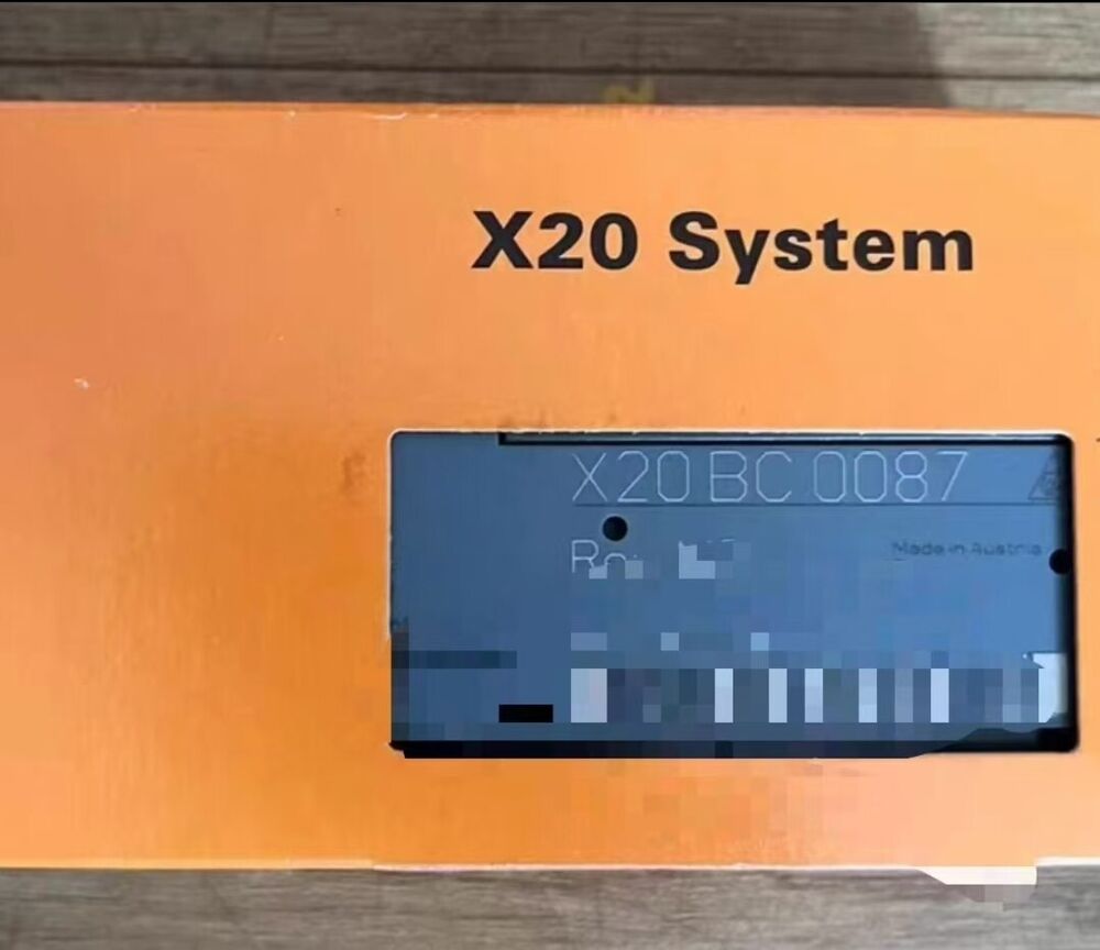 B&R X20BC0087 Industrial module, Made in Austria, orange box and gray module, product details.