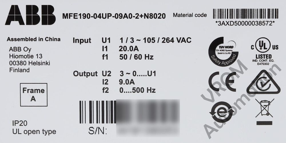 ABB MFE190-04UP-09A0-2+N8020 drive label, technical details and certifications for industrial PLC use.