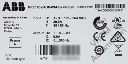 ABB MFE190-04UP-09A0-2+N8020 drive label, technical details and certifications for industrial PLC use.