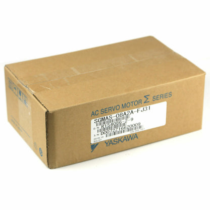 YASKAWA SGMAS-08A2A-FJ31 AC Servo Motor in box. New in box with label indicating the model and serial number.