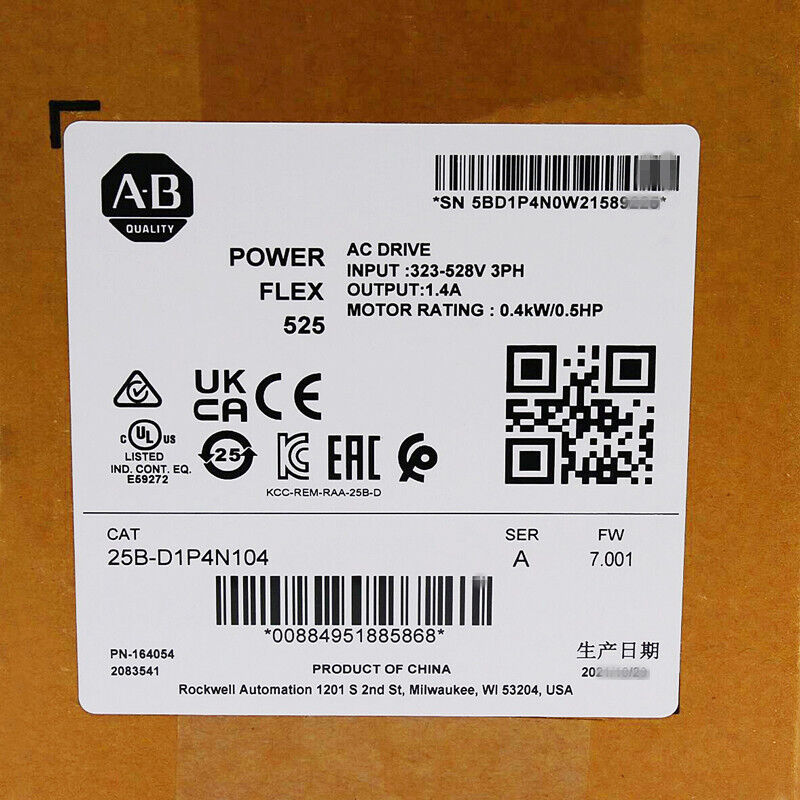 Allen-Bradley PowerFlex 525 AC Drive label, 25B-D1P4N104, 0.4kW/0.5HP, industrial automation part.