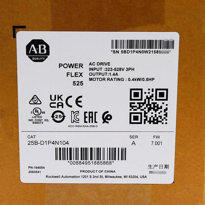 Allen-Bradley PowerFlex 525 AC Drive label, 25B-D1P4N104, 0.4kW/0.5HP, industrial automation part.