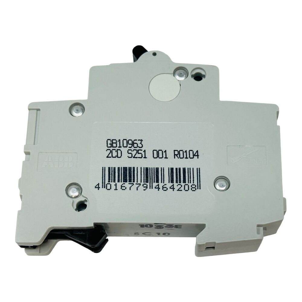 ABB S201-C10 circuit breaker. Gray component with codes & barcode. PLC and industrial control part.