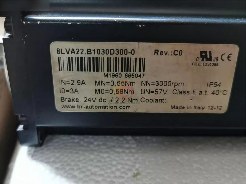 B&R 8LVA22.B1030D300-0 servo motor, black housing, label with specs: 2.9A, 0.65Nm, 3000rpm, Made in Italy.