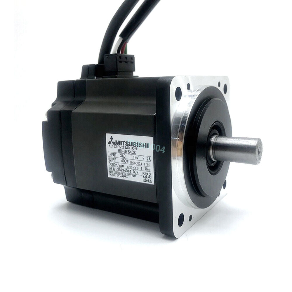 Mitsubishi HC-UFS43K AC Servo Motor, black body with silver faceplate, industrial automation equipment
