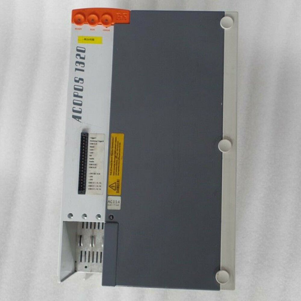 B&R ACOPOS 1320 servo drive, industrial automation component. Featuring a silver and gray design with a yellow warning label.