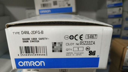 Omron D4NL-2DFG-B Safety Door Switch box. Features product information, including type, model number, and barcode.
