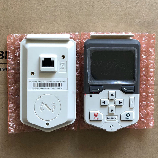 ABB ACS-AP-S Operator Control Panel, featuring display screen, buttons, and RJ45 port. Includes brand and model information.