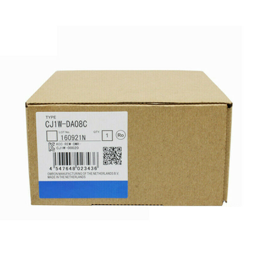 Omron CJ1W-DA08C PLC Module in box. Made in The Netherlands, featuring product details and barcode.