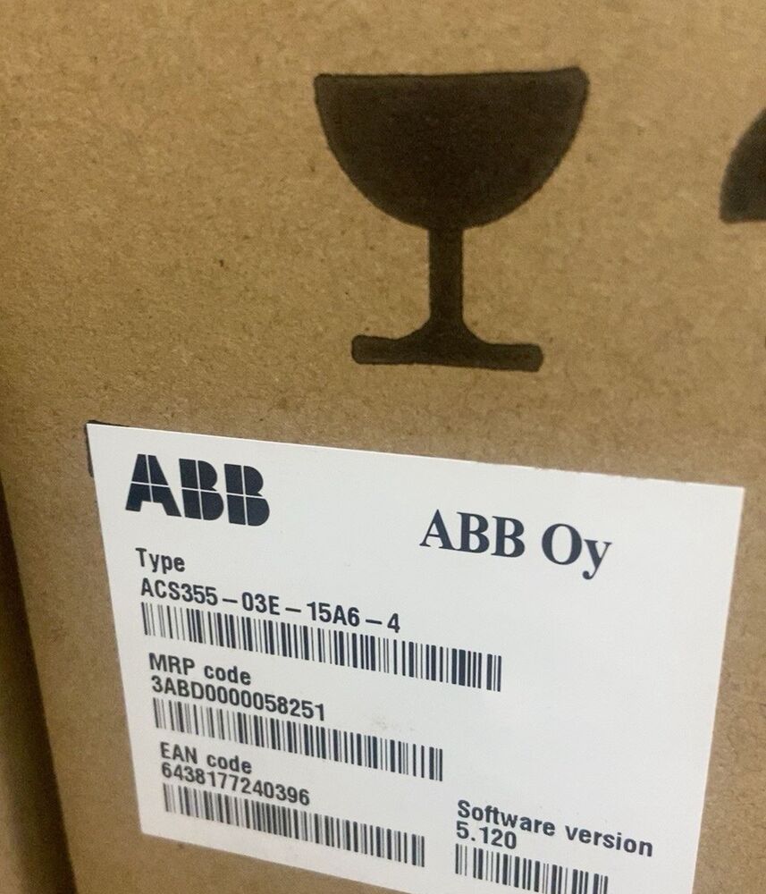 ABB ACS355-03E-15A6-4 Inverter Box with product information label, expedited shipping.