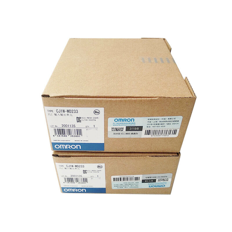 Omron CJ1W-MD233 PLC Module in box, new, Industrial Automation Part, featuring product labels with QR codes and Chinese text.