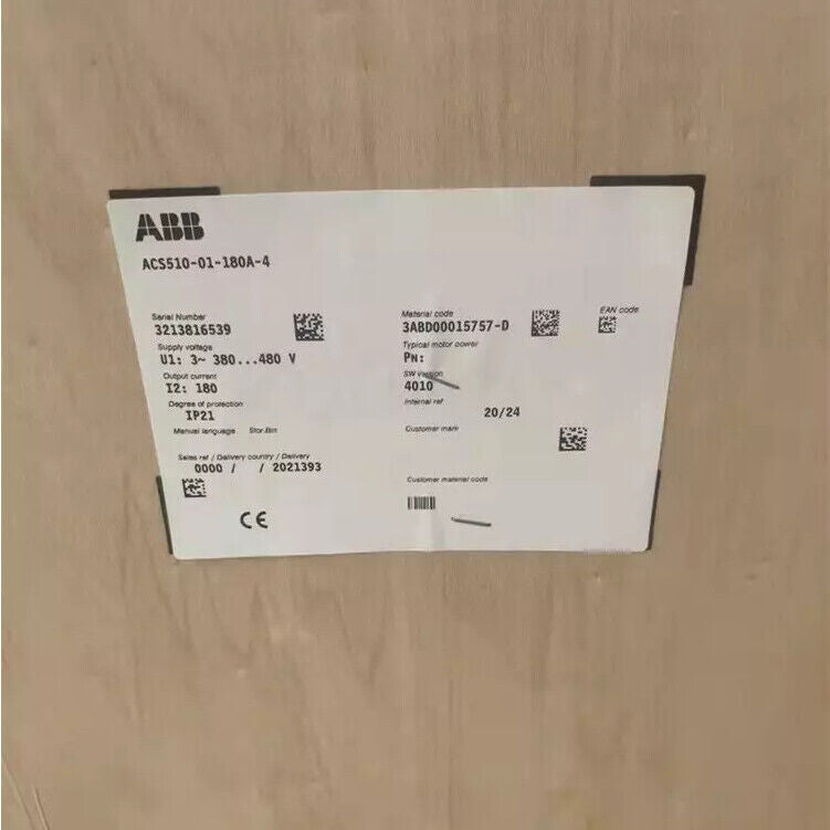 ABB ACS510-01-180A-4 frequency converter label with serial number, voltage, and current details. New in box, fast shipping.