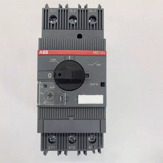 ABB MS165-32 Motor Protection Circuit Breaker, featuring a black rotary switch, grey body, and red labeling.