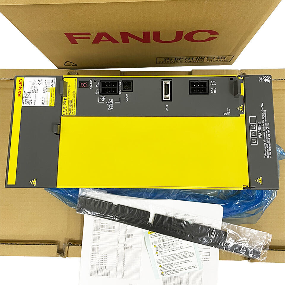 FANUC A06B-6150-H045 servo drive unit in box, with labels and safety warnings visible.