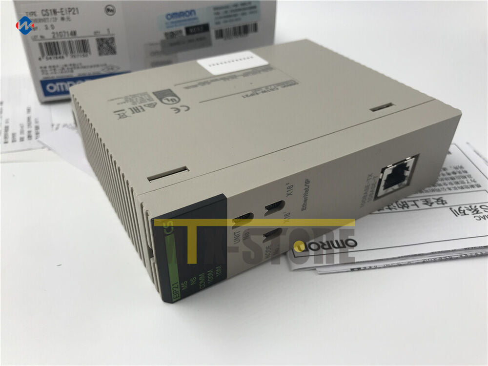 Omron CS1W-EIP21 Ethernet/IP Analog Module, gray industrial automation equipment with Ethernet port, new in box.