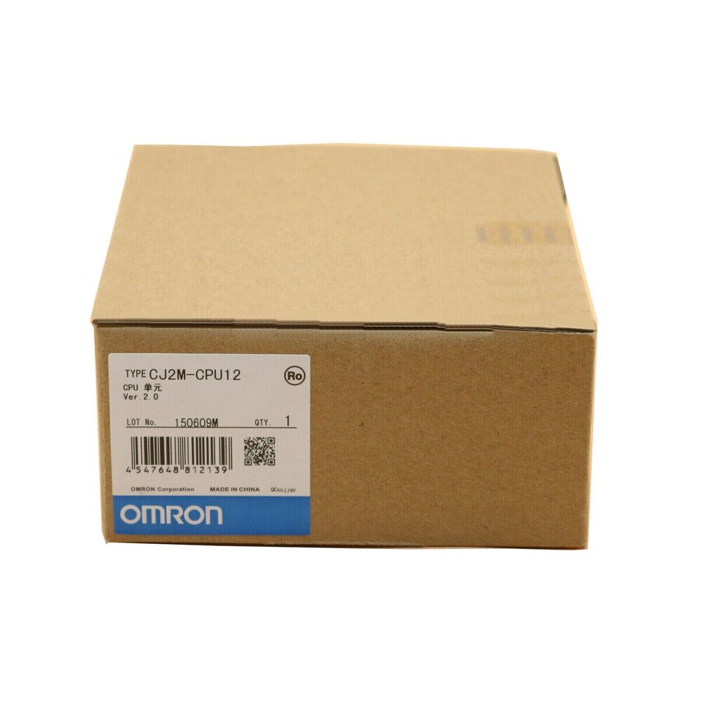 Omron CJ2M-CPU12 PLC module box, new in box. Features product information and OMRON logo.