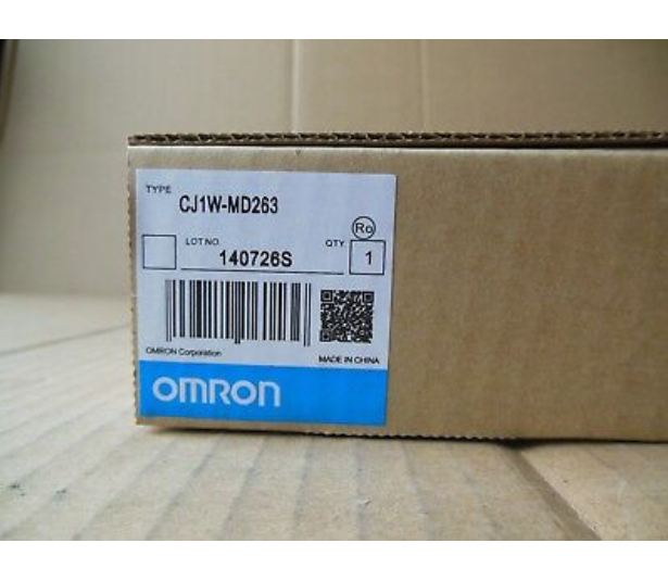 OMRON CJ1W-MD263 PLC controller box, new, with lot number 140726S, and QR code, Made in China. 