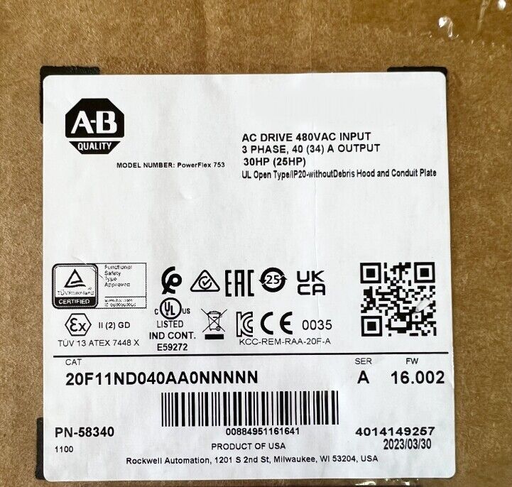 Allen Bradley 20F11ND040AA0NNNNN Power Flex Air Cooled 753 AC Drive