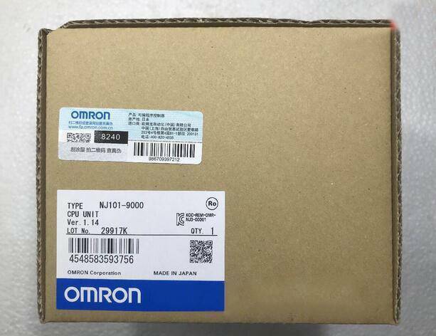 Omron NJ101-9000 CPU Unit in its original box, Made in Japan, with product information labels.