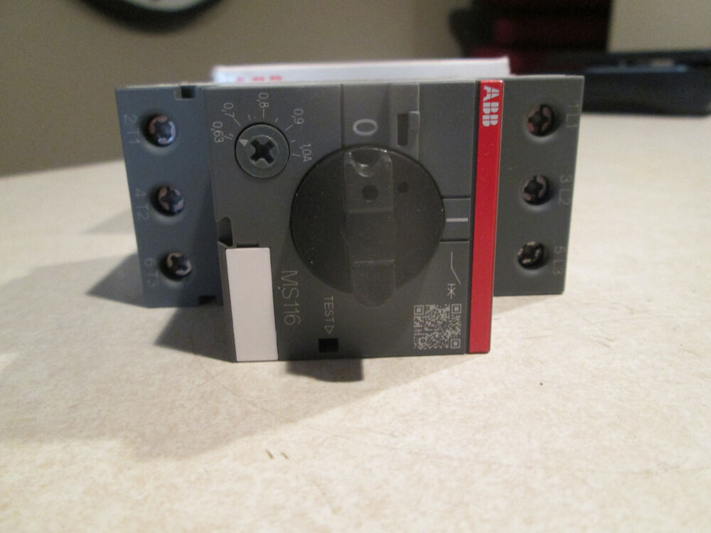 ABB MS116-1.0 Manual Motor Starter, gray and red, featuring the MS116 model. For industrial automation.