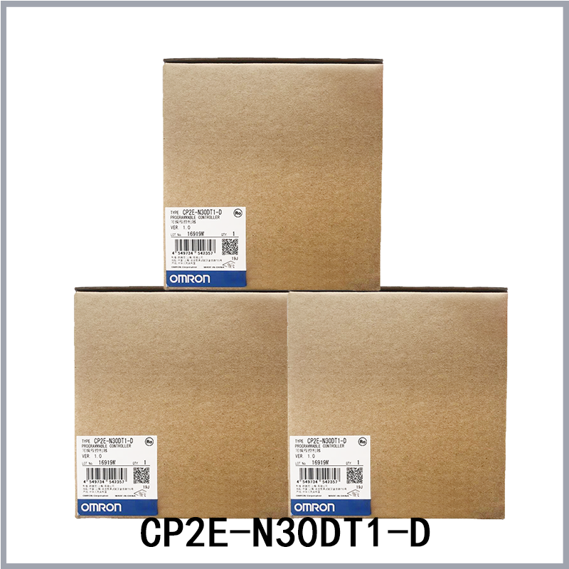 OMRON CP2E-N30DT1-D Programmable Controller modules in boxes, PLC industrial automation component.