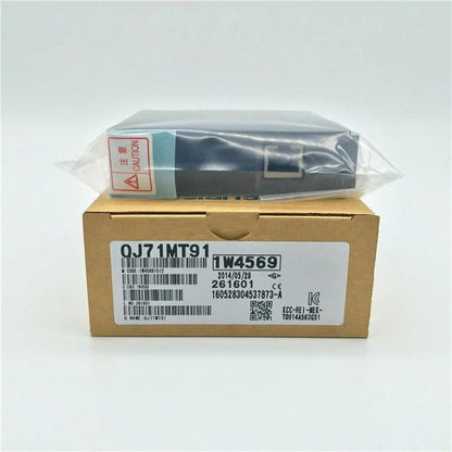 Mitsubishi QJ71MT91 PLC Module in original packaging, with labels and caution notice.