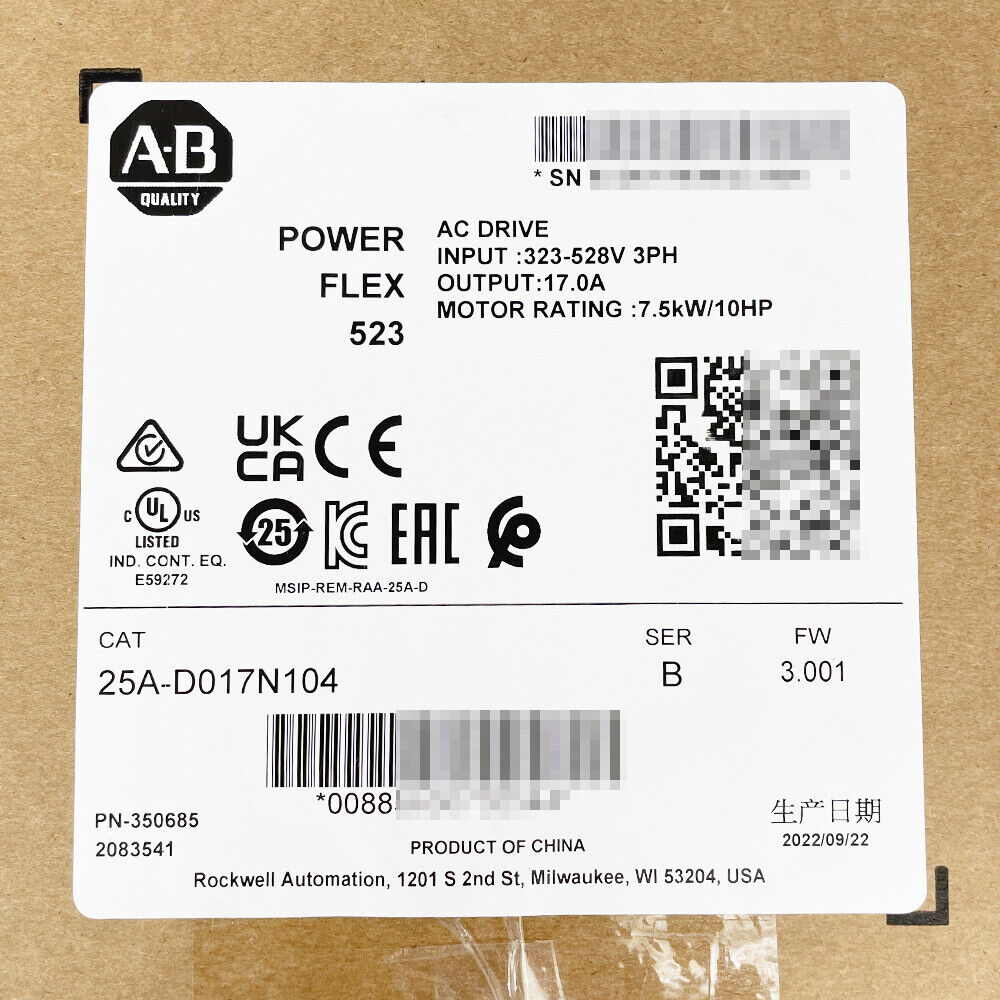 Allen-Bradley PowerFlex 523 AC Drive label, 25A-D017N104, 480V 10HP, Product of China. Industrial automation part.