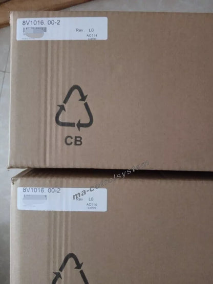 B&R 8V1016.00-2 Servo Motor boxes, packaging with labels and recycling symbol.