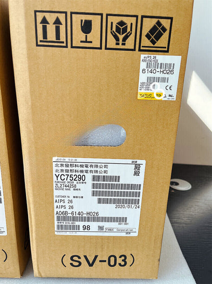 FANUC A06B-6140-H026 servo drive box with labels, new A06B6140H026. Includes model number and date. Fast shipping.