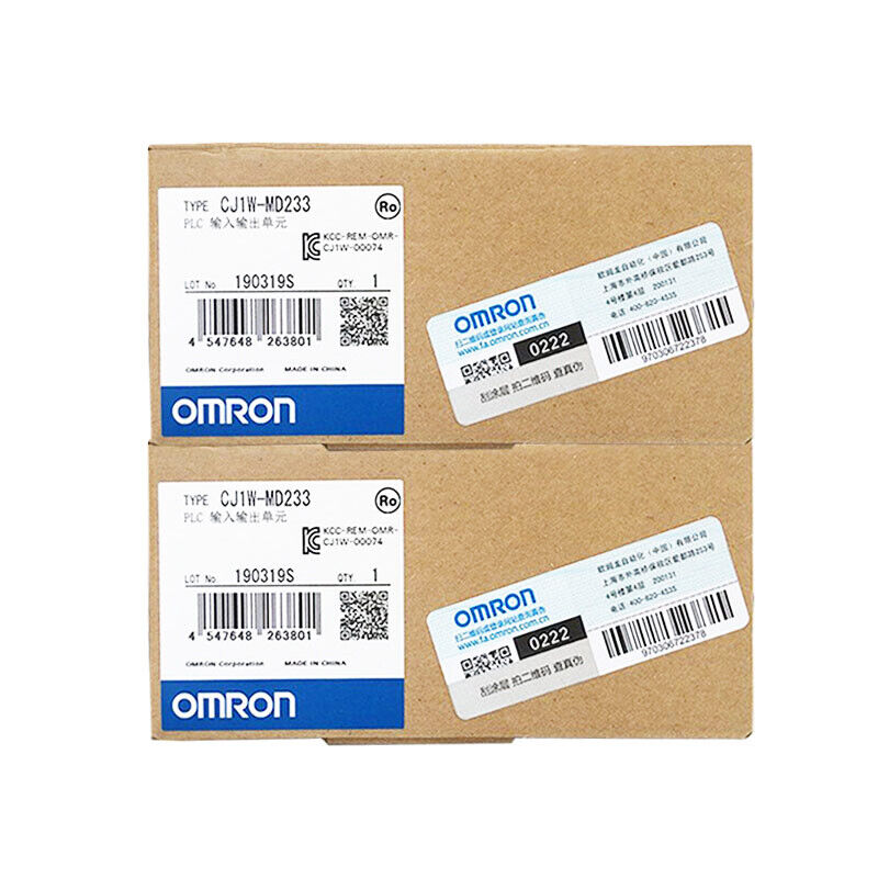 OMRON CJ1W-MD233 PLC module in boxes, featuring product labels with QR codes and Chinese text.