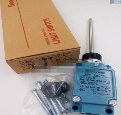 Honeywell SZL-WL-K Limit Switch, blue body, silver rod, and accessories, product view