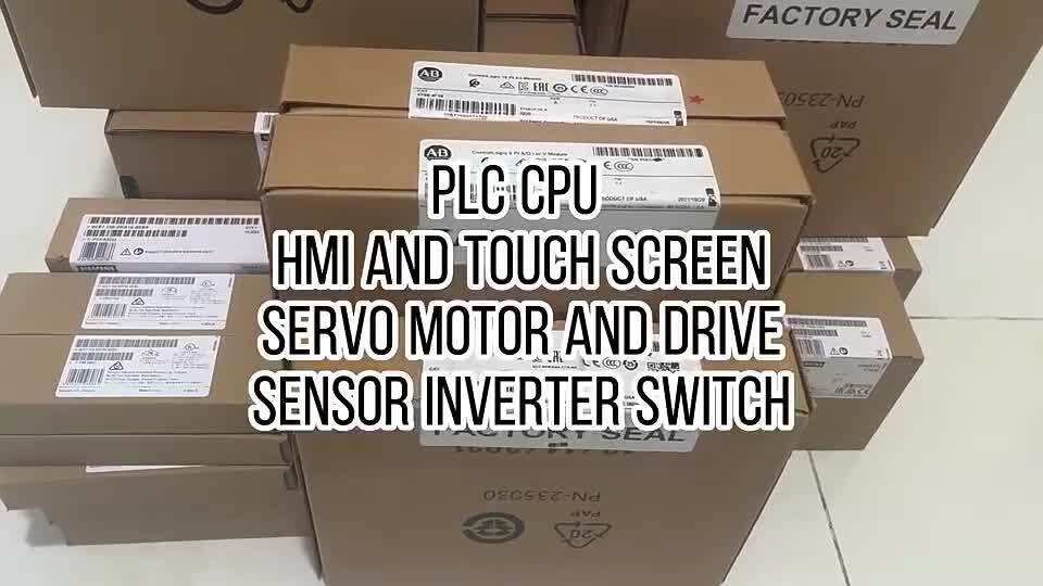 Industrial automation parts boxes, including PLC CPU, HMI, servo motor and drive, sensor, and inverter switch.