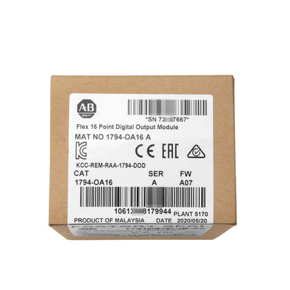 Allen-Bradley 1794-OA16 Flex I/O module box, factory sealed, with key product specifications.