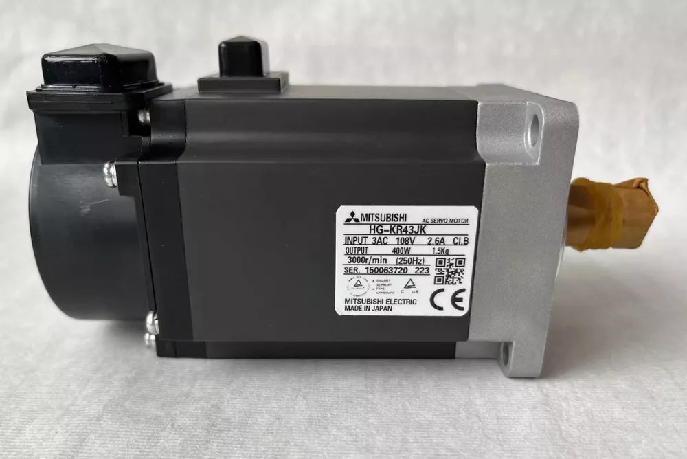 Mitsubishi HG-KR43JK AC Servo Motor, industrial automation part, black and silver design, with detailed specs.