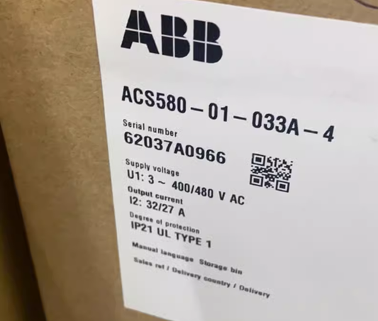 ABB ACS580-01-033A-4 inverter label showing serial number and specifications