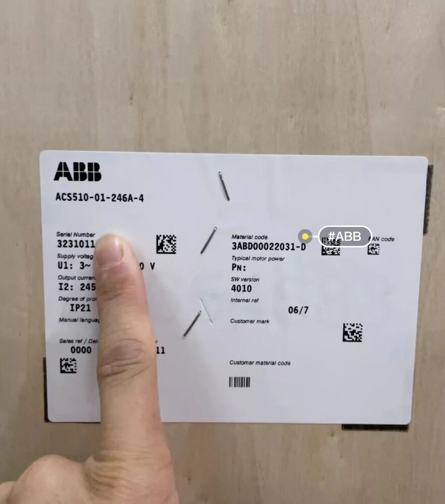 ABB ACS510-01-246A-4 frequency converter label with serial number and specs