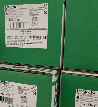 Schneider Electric LV432693 ComPact NSX circuit breaker box, green, with product details and specifications.