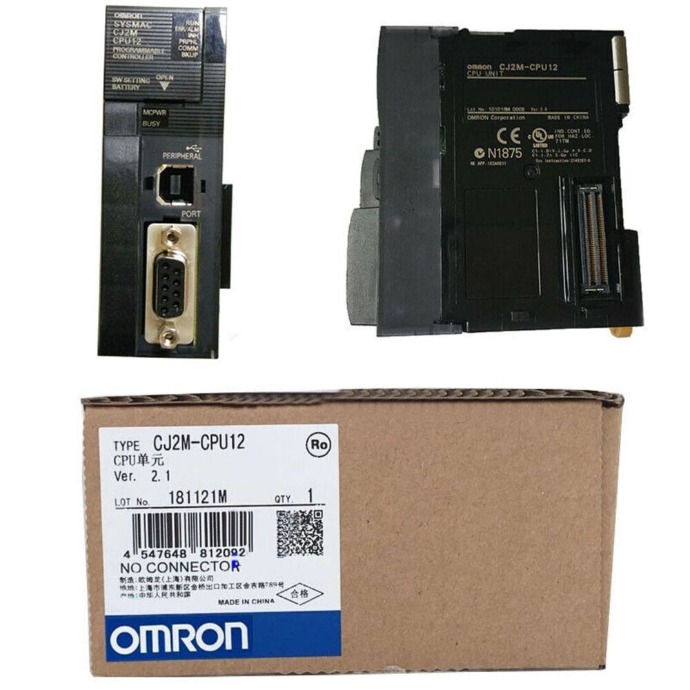 Omron CJ2M-CPU12 PLC module, new in box, featuring product details and OMRON logo, suitable for industrial automation.