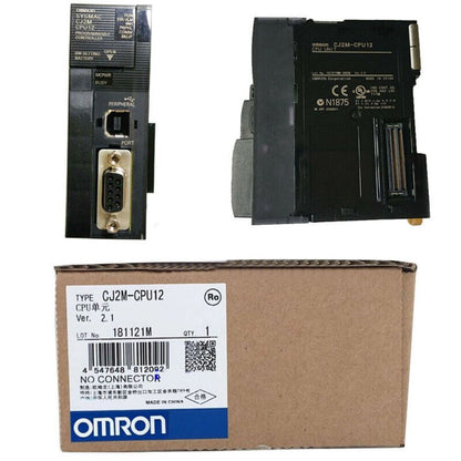 Omron CJ2M-CPU12 PLC module, new in box, featuring product details and OMRON logo, suitable for industrial automation.