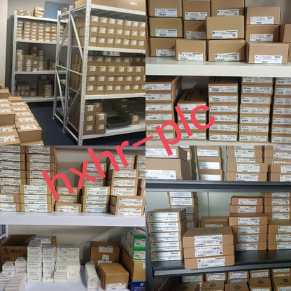 Warehouse shelves stocked with Omron NX-TC3408 temperature control units in boxes, ready for industrial automation.