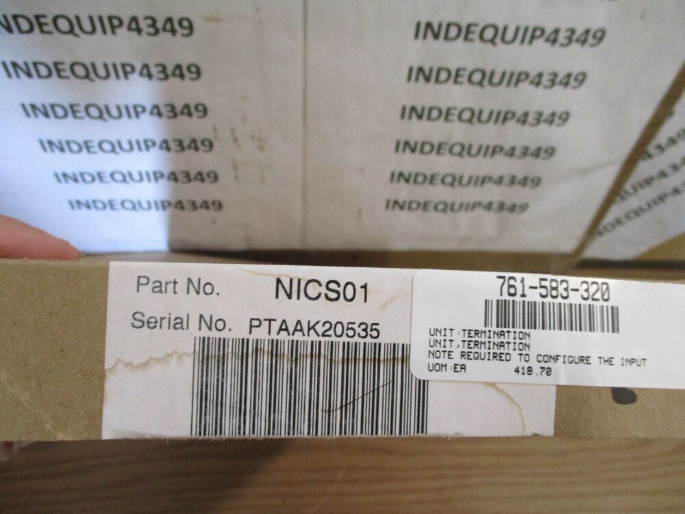 ABB NICS01 PLC module label with part number and barcode for unit termination. Industrial automation component.