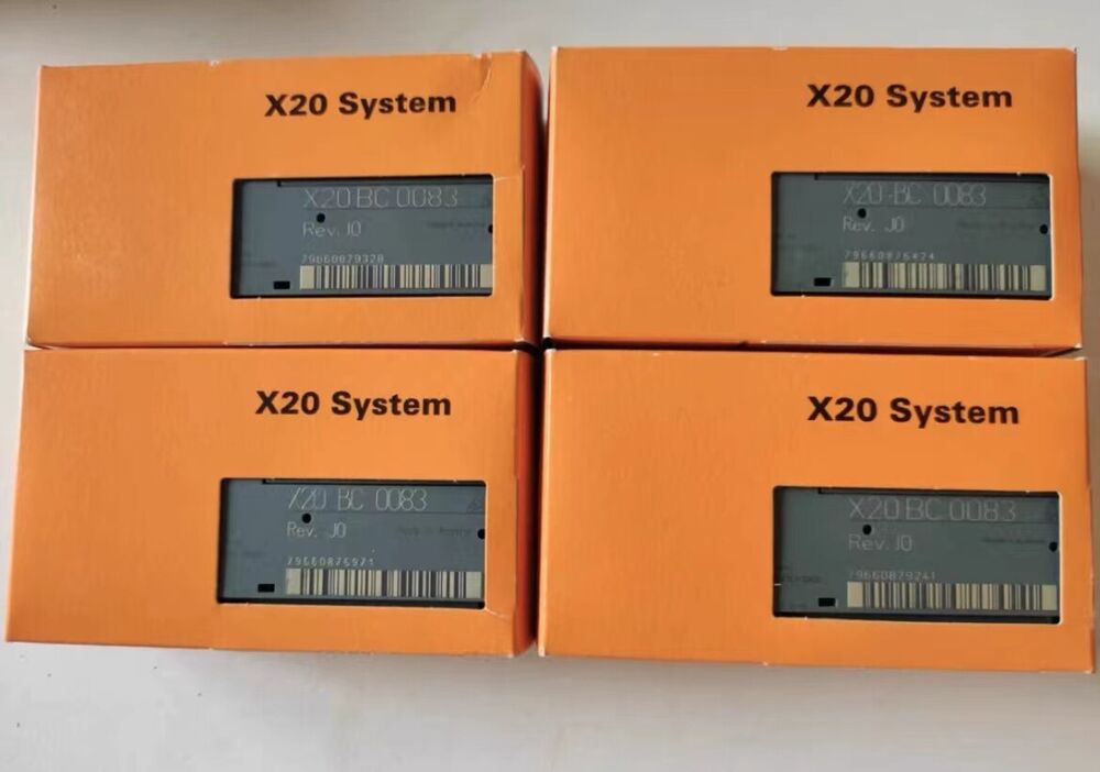 B&R X20 BC 0083 PLC modules in orange boxes, industrial automation components for sale.