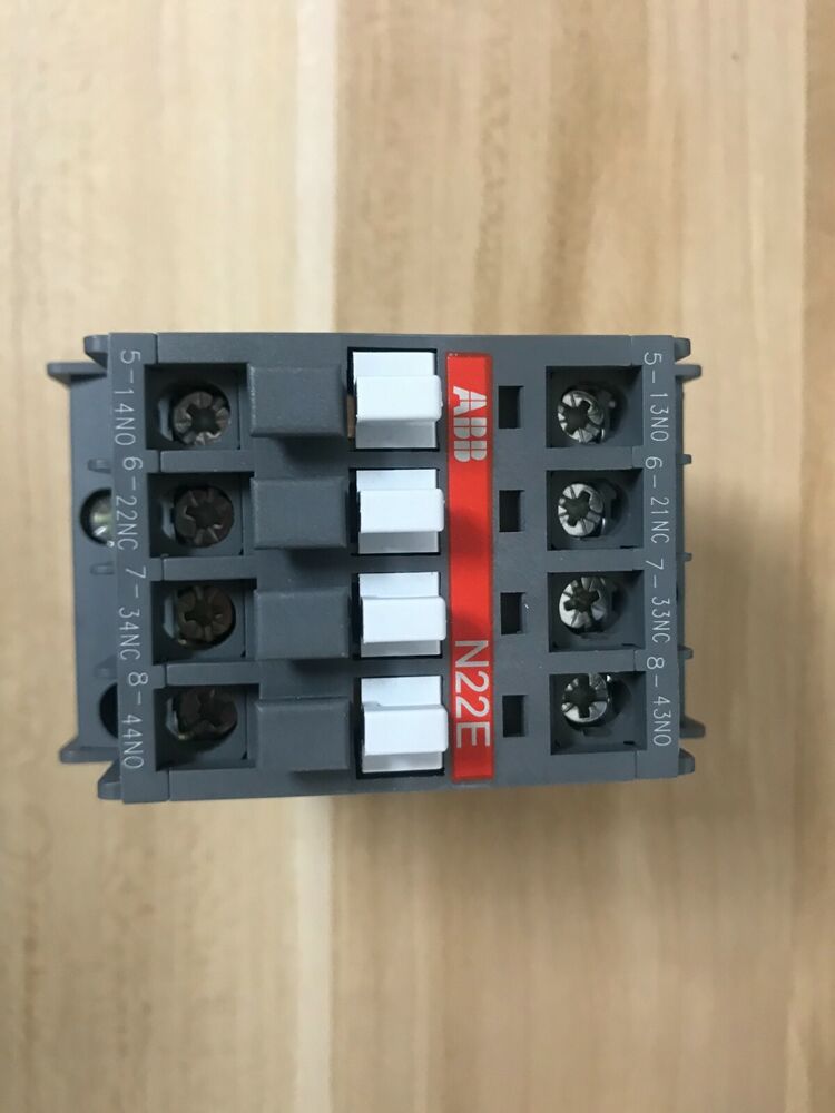 ABB N22E contactor relay, 24V PLC automation component. Top view of the gray industrial control part.